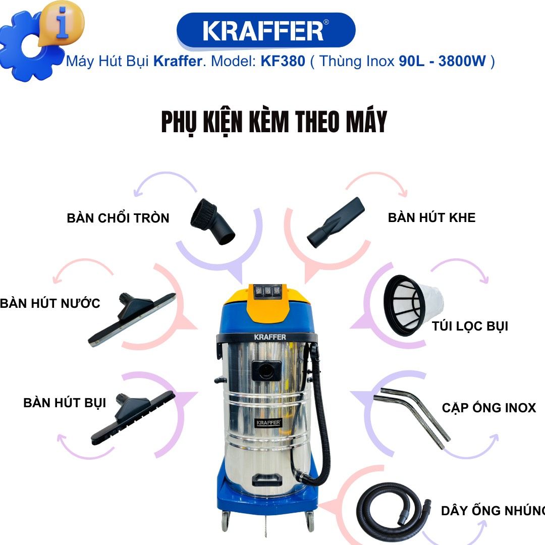 Máy hút bụi công nghiệp Kraffer KF380, công suất 3800W