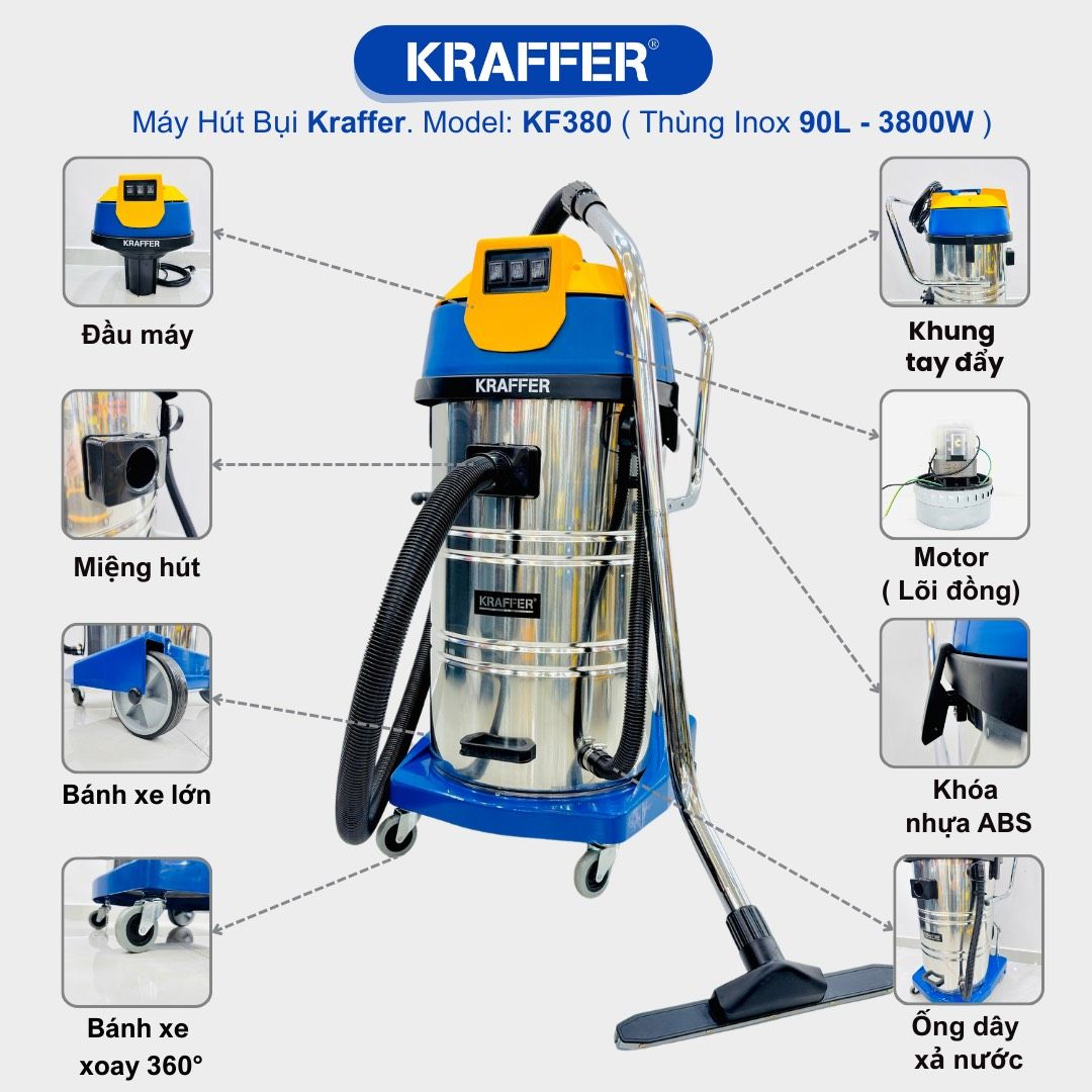 Máy hút bụi công nghiệp Kraffer KF380, công suất 3800W
