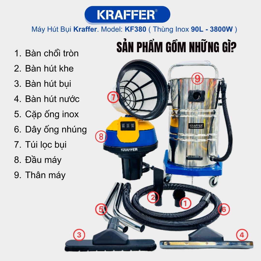 Máy hút bụi công nghiệp Kraffer KF380, công suất 3800W