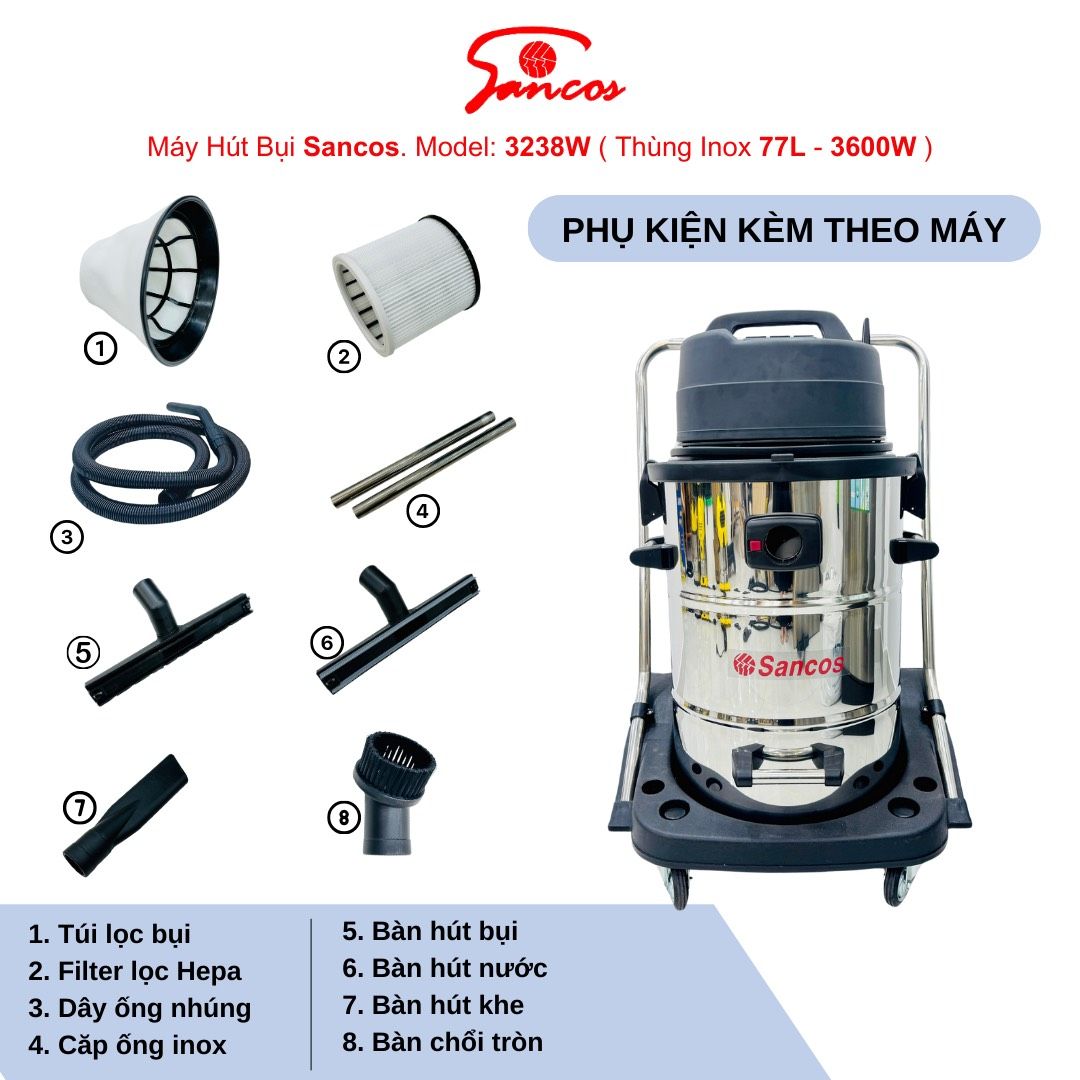 Máy hút bụi công nghiệp Sancos 3238W, thùng chứa 77L