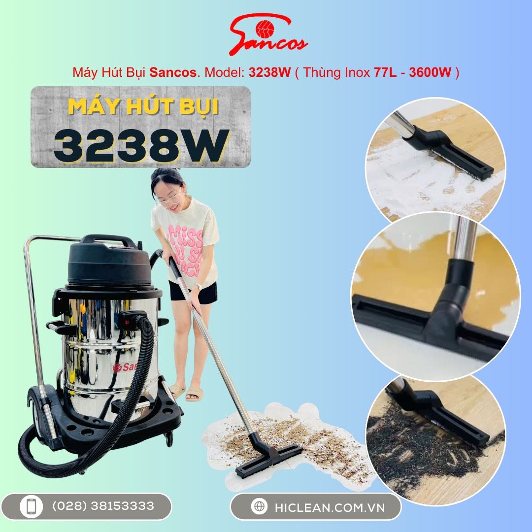 Máy hút bụi công nghiệp Sancos 3238W, thùng chứa 77L