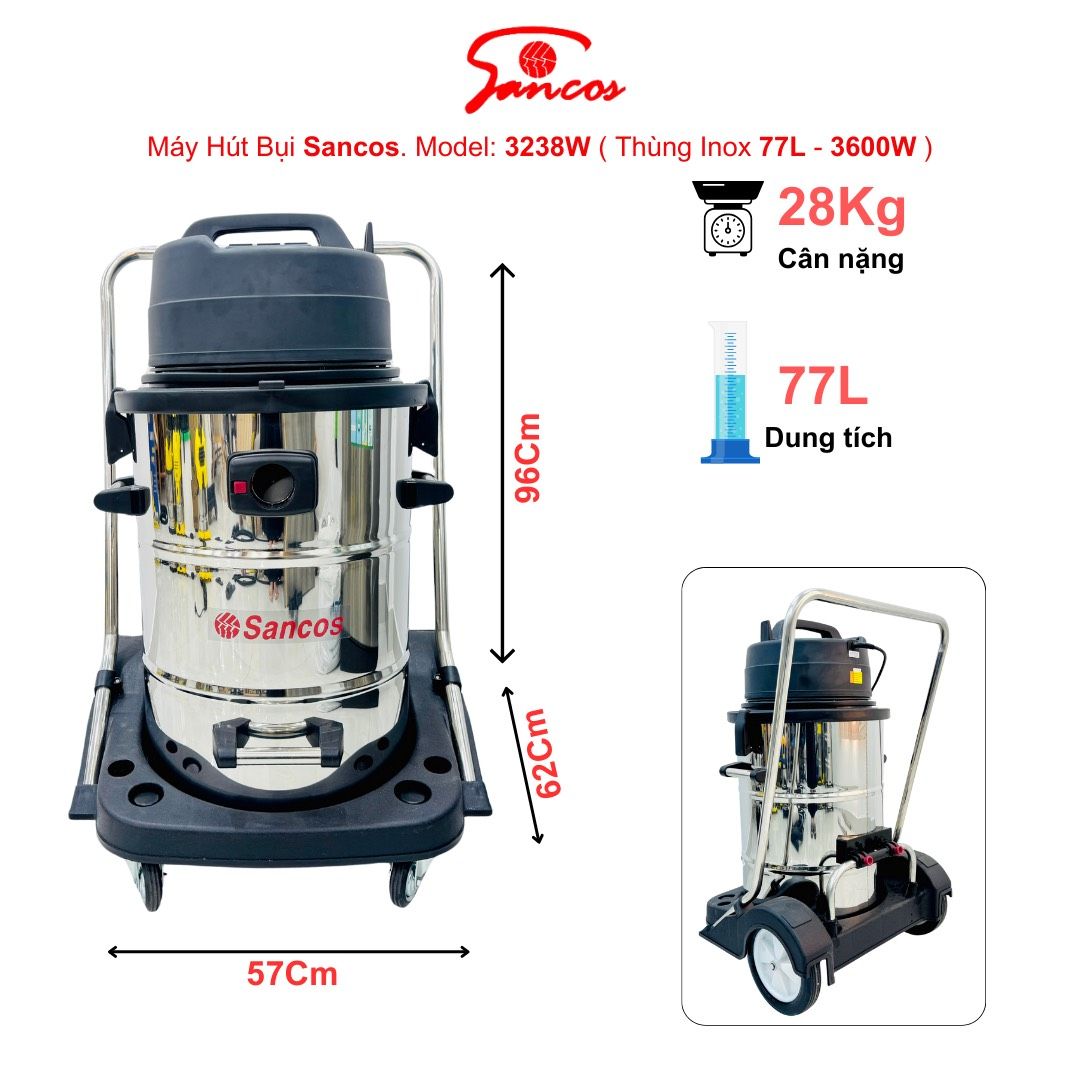 Máy hút bụi công nghiệp Sancos 3238W, thùng chứa 77L