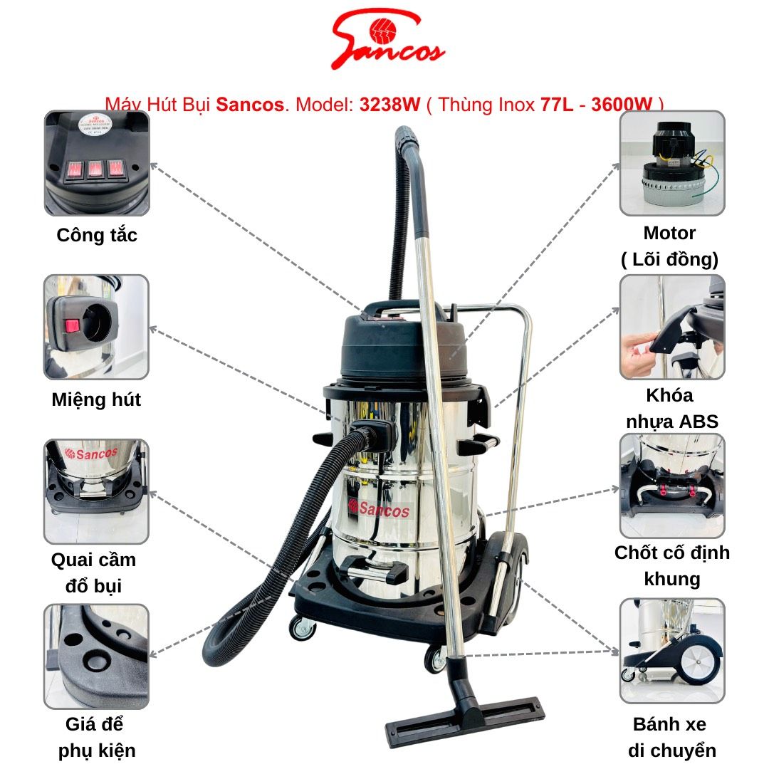 Máy hút bụi công nghiệp Sancos 3238W, thùng chứa 77L