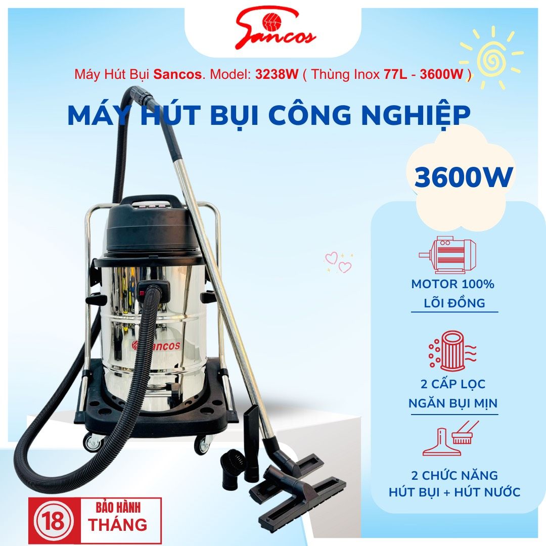 Máy hút bụi công nghiệp Sancos 3238W, thùng chứa 77L