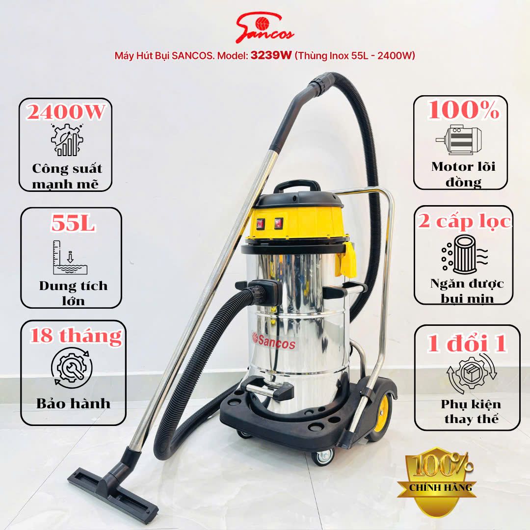 Máy hút bụi công nghiệp Sancos 3239W, thùng chứa 55L