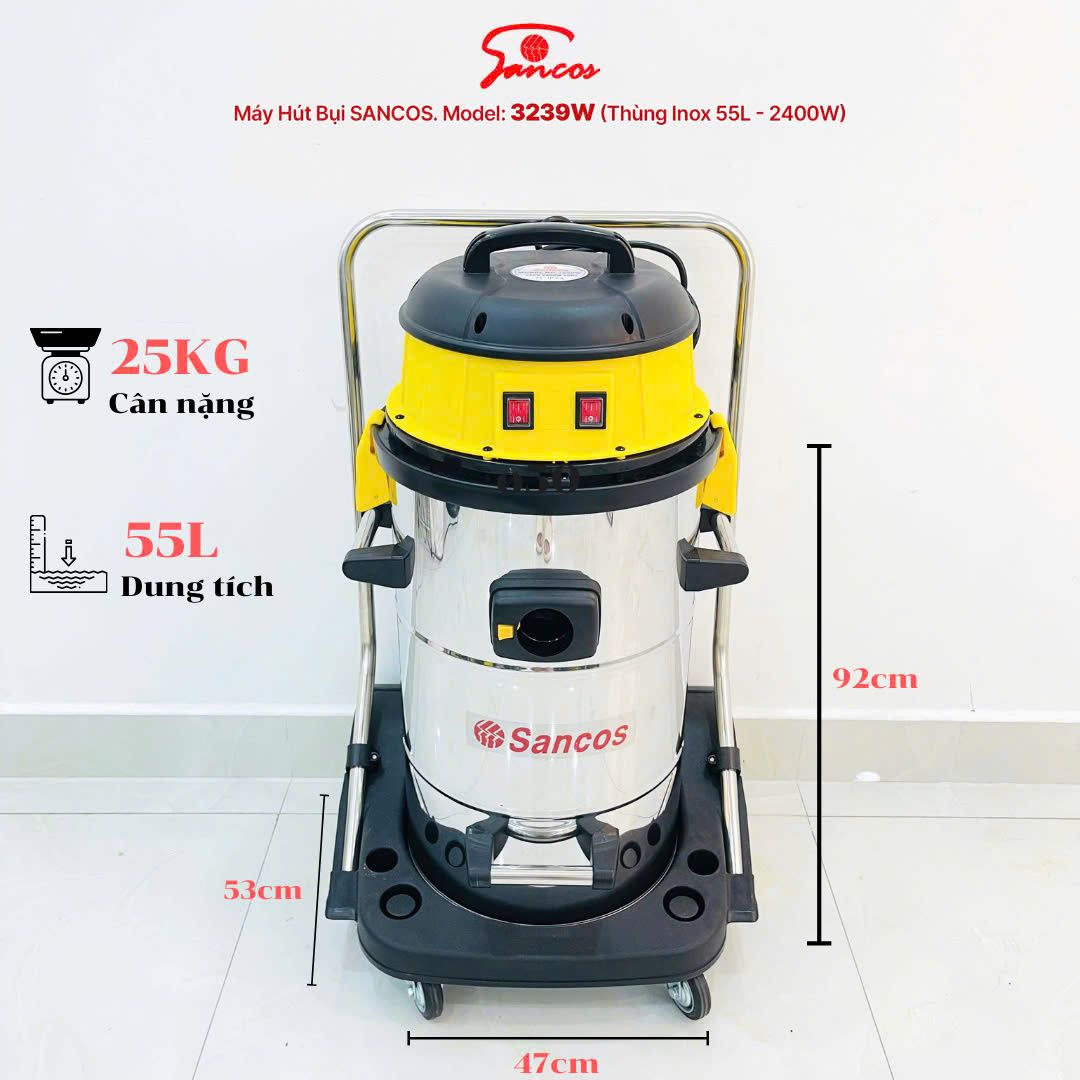 Máy hút bụi công nghiệp Sancos 3239W, thùng chứa 55L