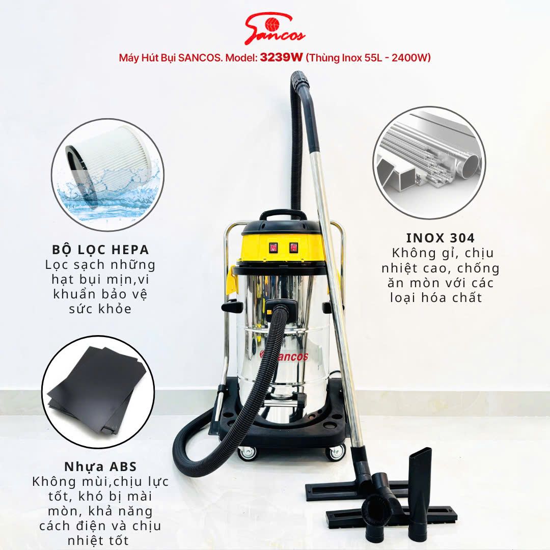 Máy hút bụi công nghiệp Sancos 3239W, thùng chứa 55L