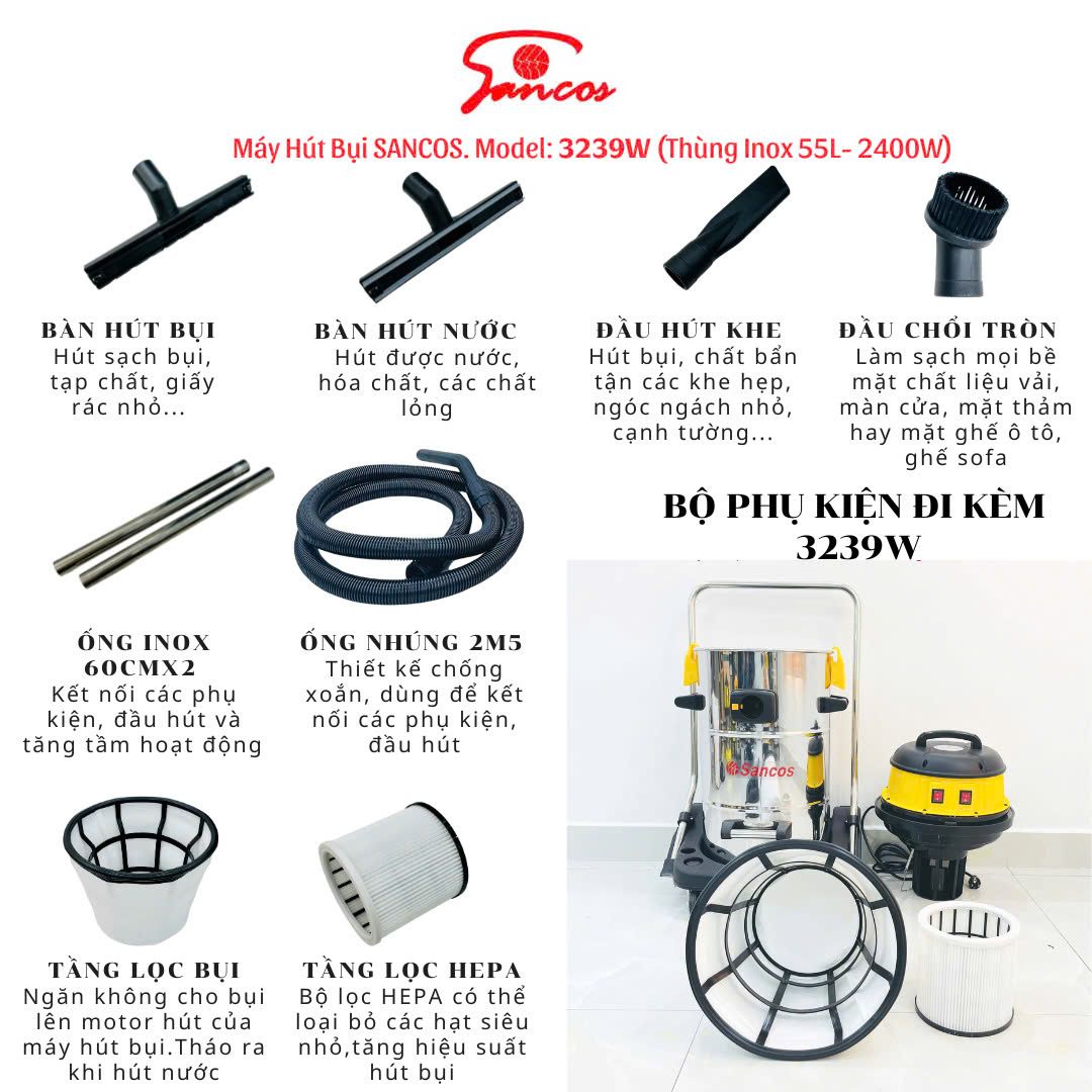 Máy hút bụi công nghiệp Sancos 3239W, thùng chứa 55L