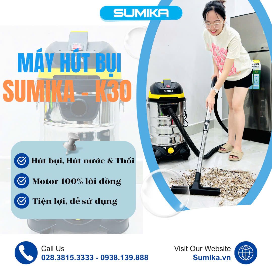 Máy hút bụi công nghiệp SUMIKA K30, 1800W, thùng chứa 30L