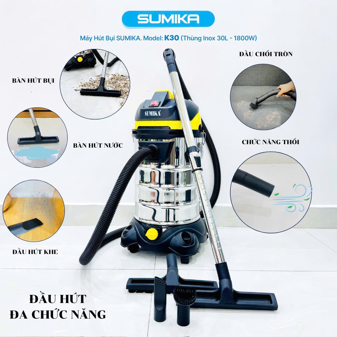 Máy hút bụi công nghiệp SUMIKA K30, 1800W, thùng chứa 30L
