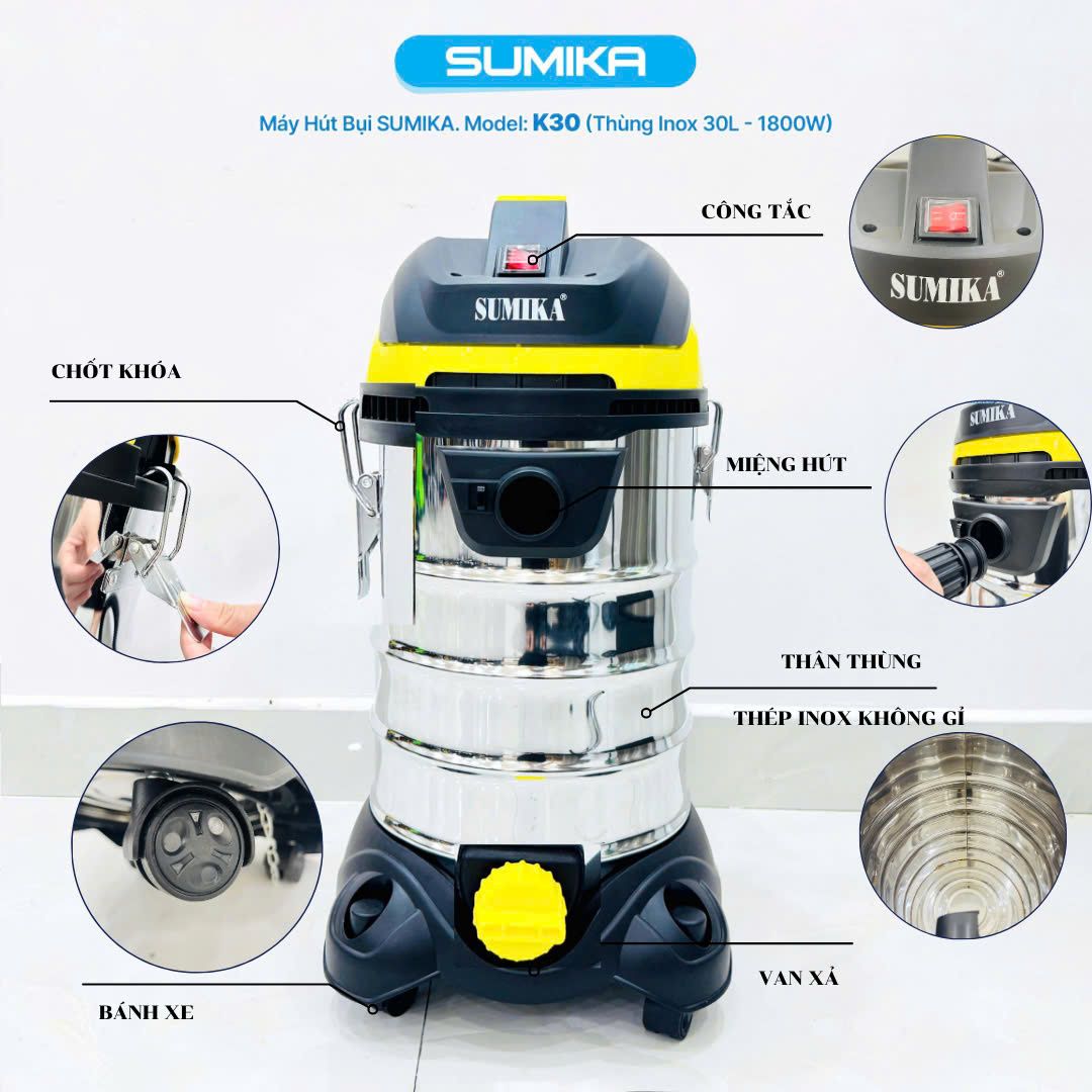 Máy hút bụi công nghiệp SUMIKA K30, 1800W, thùng chứa 30L