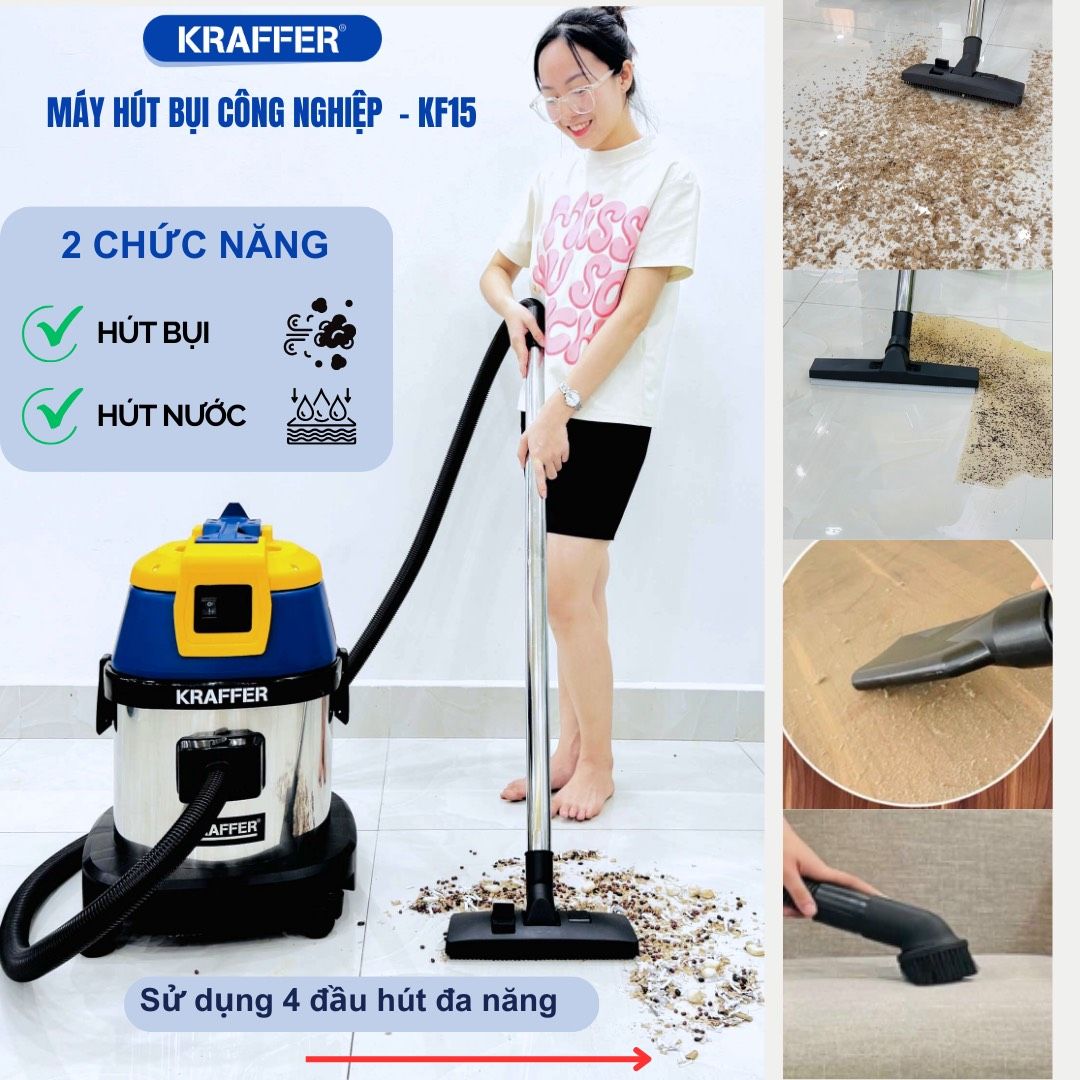 Máy hút bụi công nghiệp Kraffer KF15, công suất 1800W