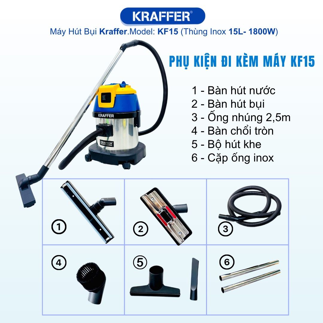 Máy hút bụi công nghiệp Kraffer KF15, công suất 1800W