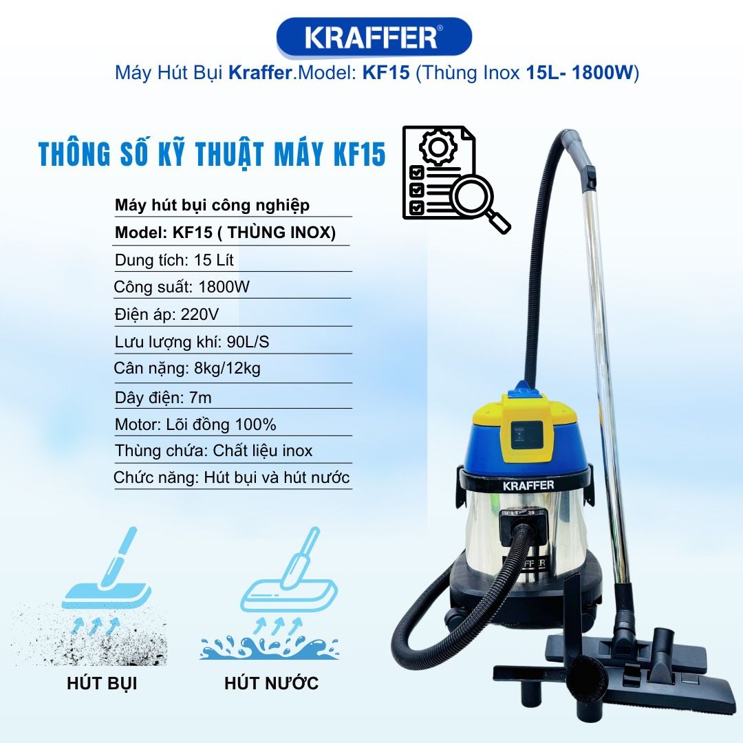 Máy hút bụi công nghiệp Kraffer KF15, công suất 1800W