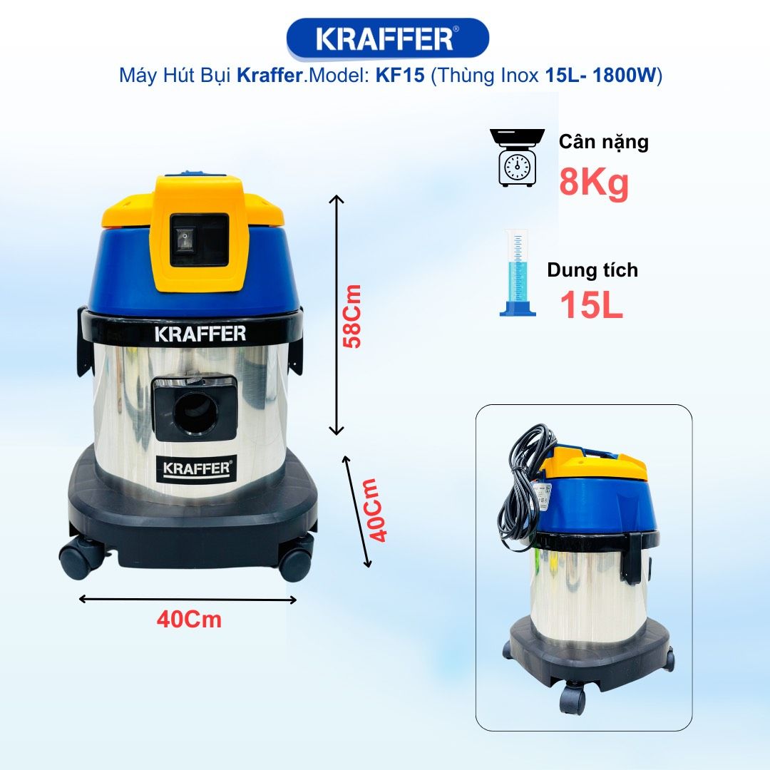 Máy hút bụi công nghiệp Kraffer KF15, công suất 1800W