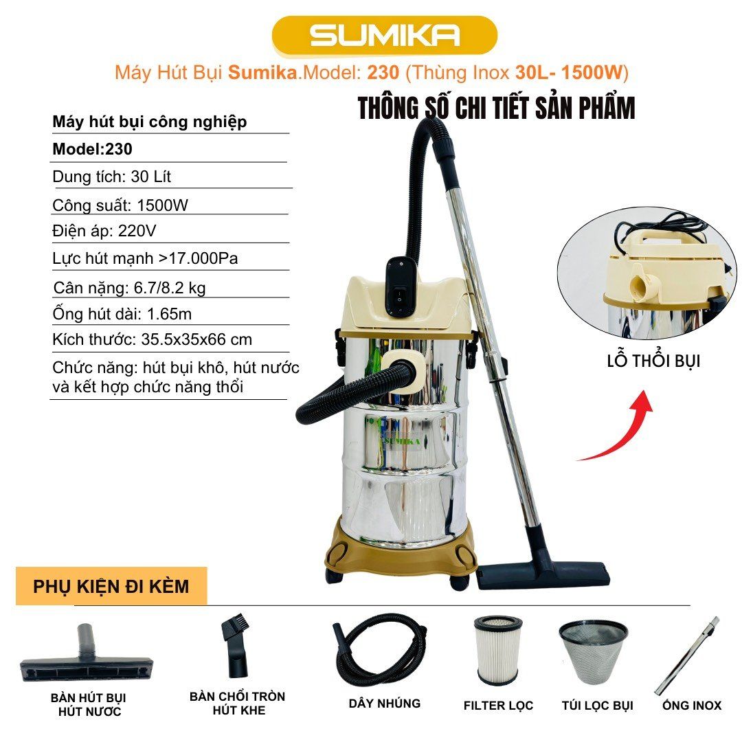 Máy hút bụi gia đình Sumika 230, 1500W, thùng chứa 30L