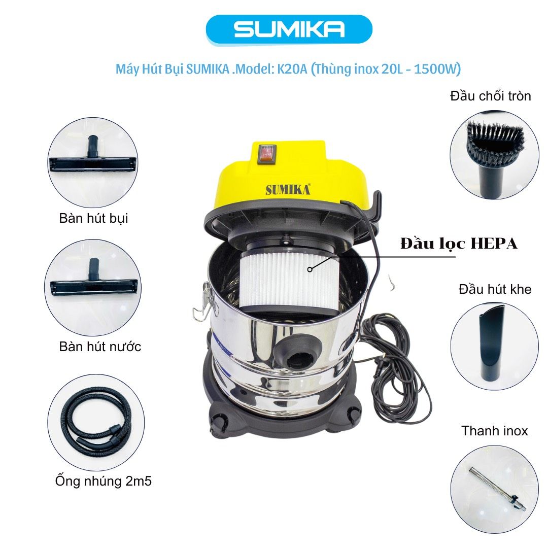 Máy hút bụi đa năng Sumika K20A, công suất 1500W, thùng chứa 20L