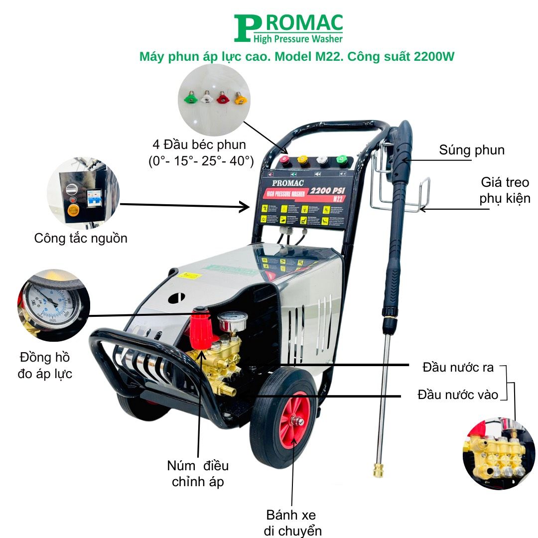 Máy rửa xe cao áp Promac M22, công suất 2200W, 150 bar