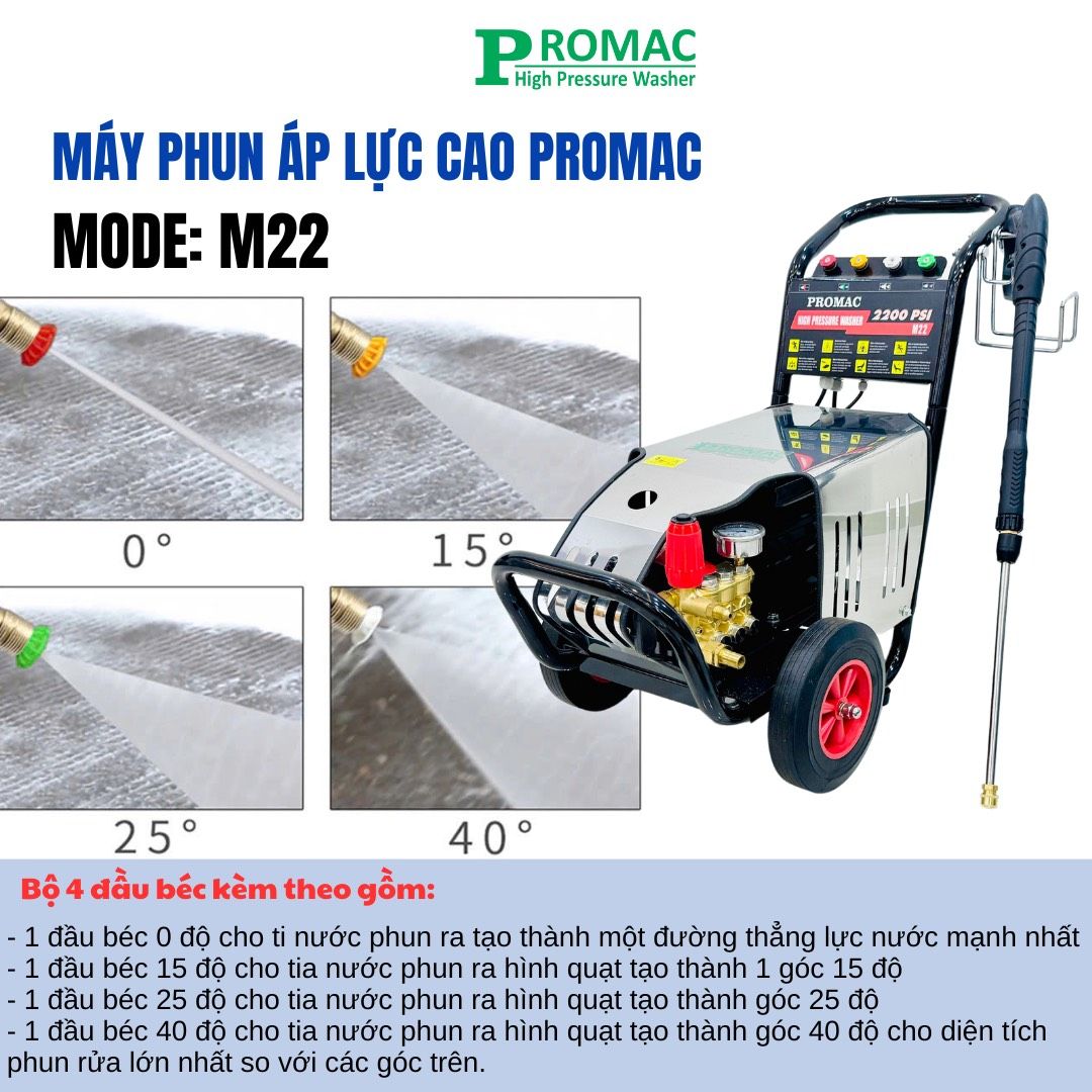 Máy rửa xe cao áp Promac M22, công suất 2200W, 150 bar
