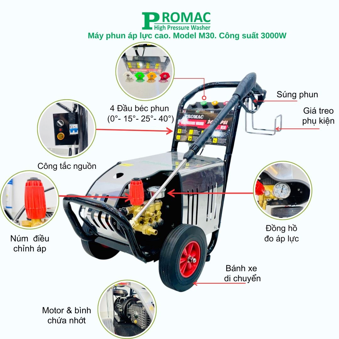 Máy rửa xe áp lực cao Promac M30, công suất 3000W, 180 bar