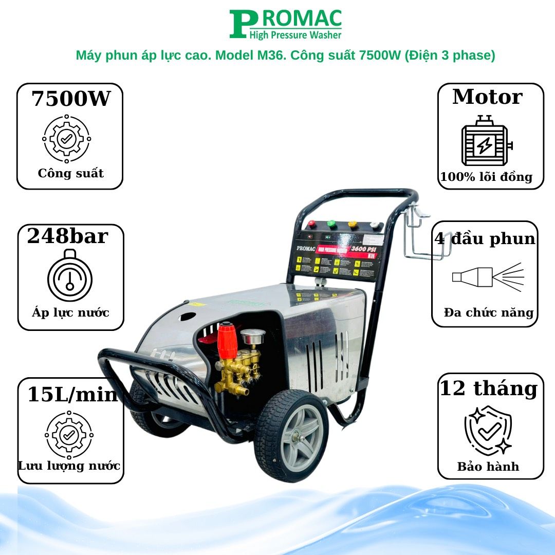 Máy rửa xe cao áp Promac M36 NEW, công suất 7500W, 250 bar
