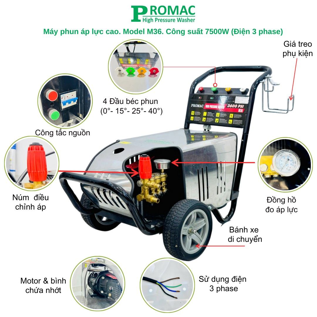 Máy rửa xe cao áp Promac M36 NEW, công suất 7500W, 250 bar