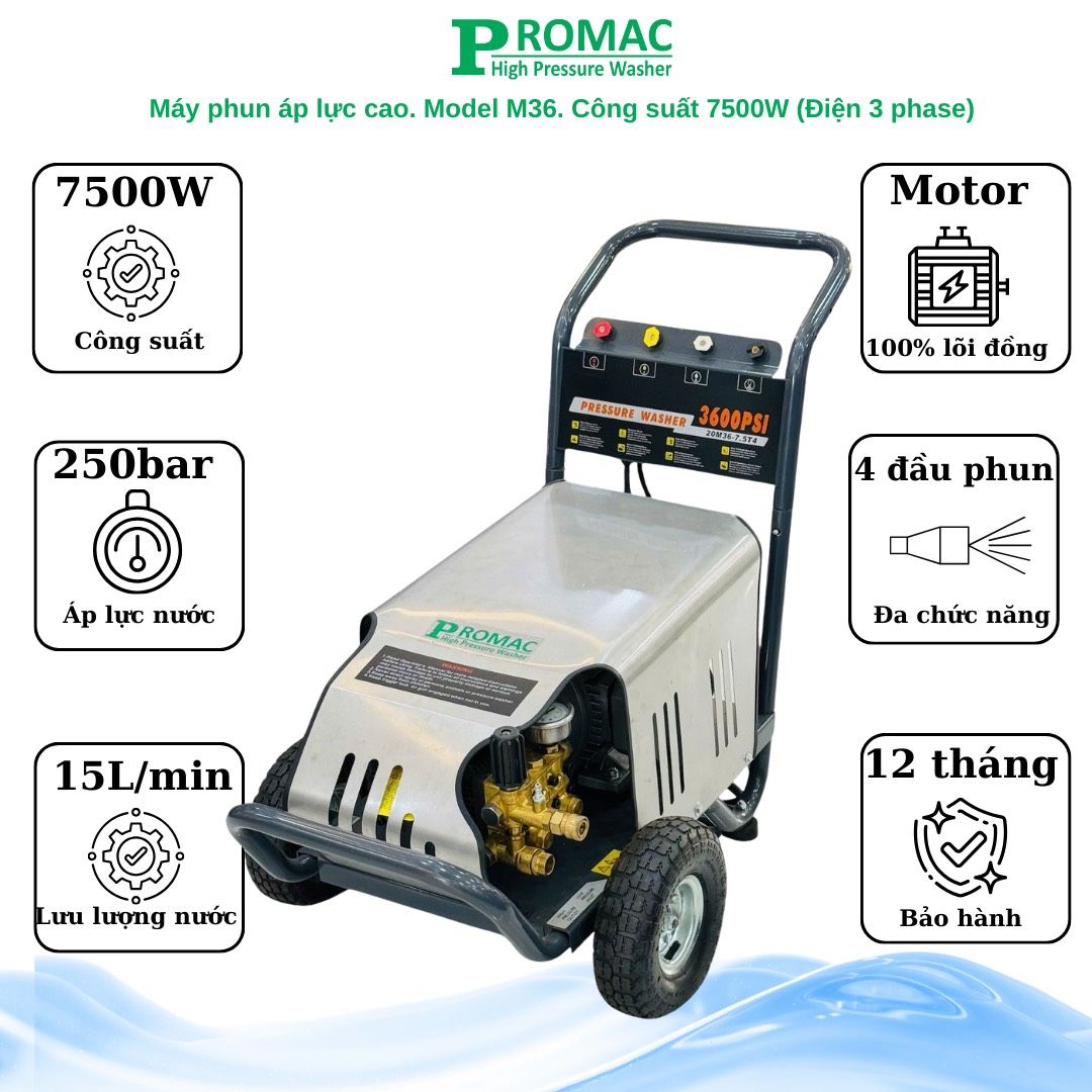 Máy rửa xe cao áp Promac M36, công suất 7500W, 250 bar