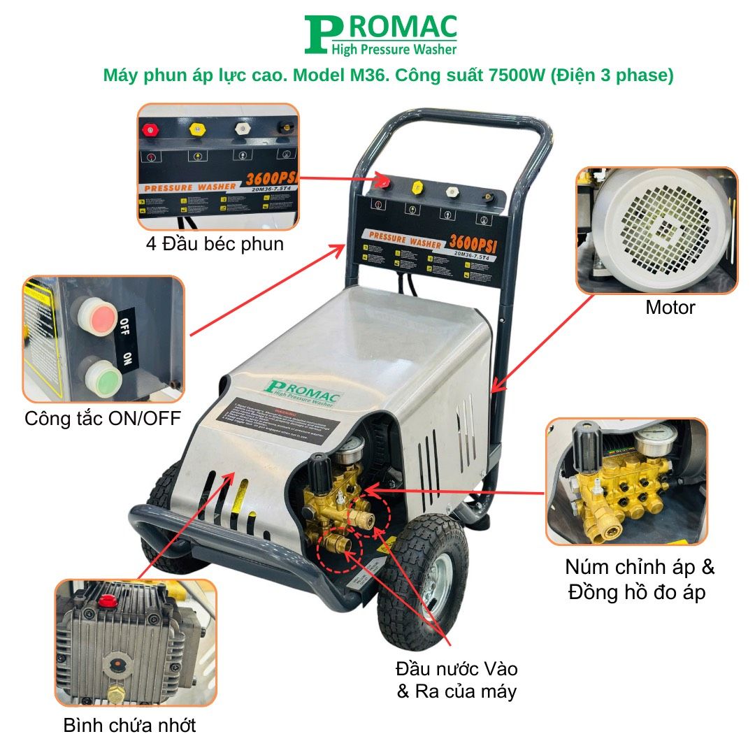 Máy rửa xe cao áp Promac M36, công suất 7500W, 250 bar