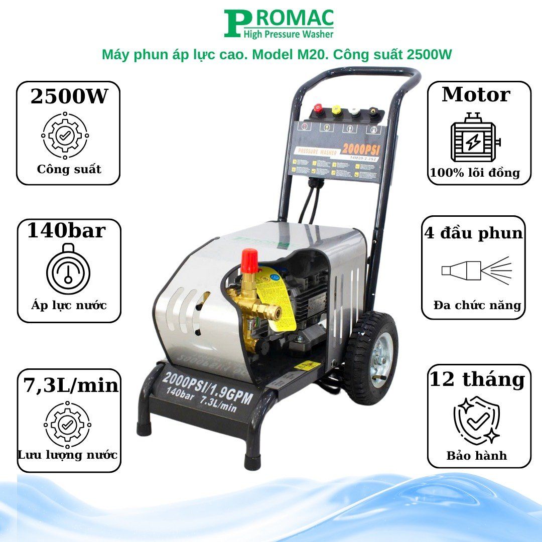Máy phun áp lực cao PROMAC M20, công suất 2500W, 140 bar