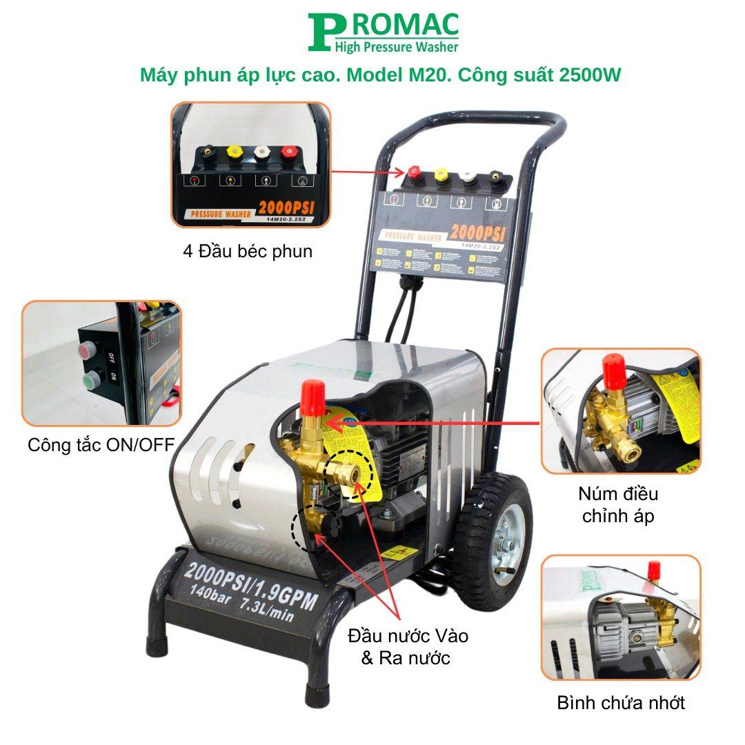Máy phun áp lực cao PROMAC M20, công suất 2500W, 140 bar