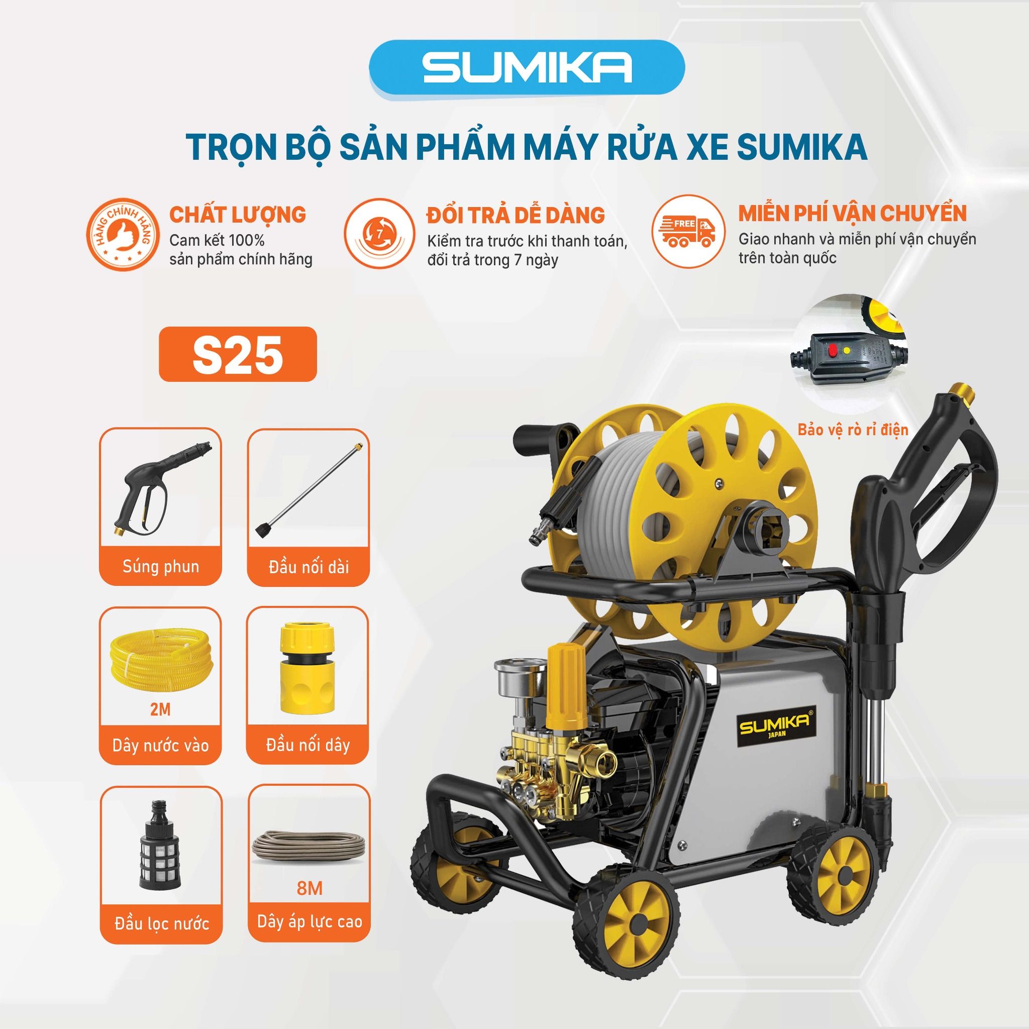 Máy rửa xe áp lực cao SUMIKA S25, công suất 2500W