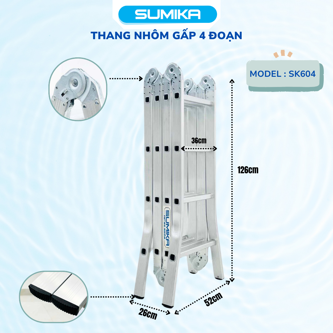 Thang nhôm gấp 4 đoạn SUMIKA SK604, chữ A cao 2.35m, chữ I cao 4.7m