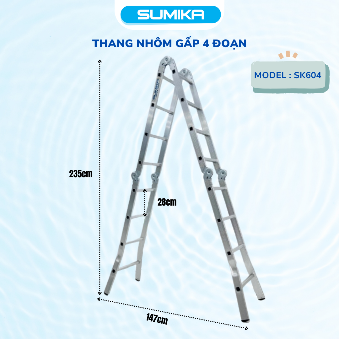 Thang nhôm gấp 4 đoạn SUMIKA SK604, chữ A cao 2.35m, chữ I cao 4.7m