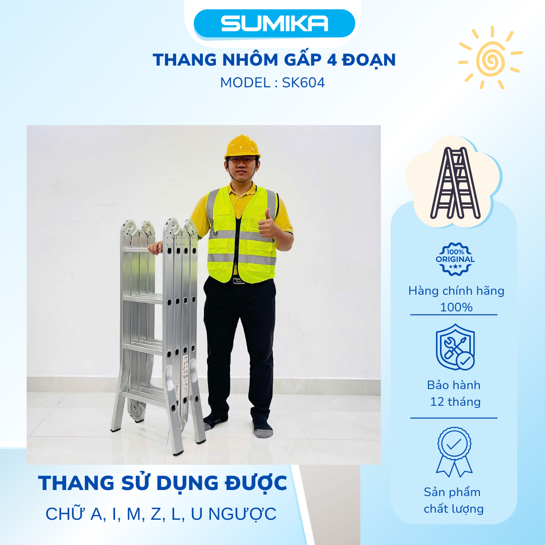 Thang nhôm gấp 4 đoạn SUMIKA SK604, chữ A cao 2.35m, chữ I cao 4.7m