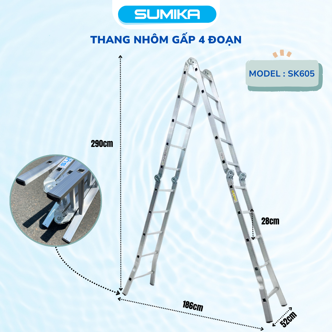 Thang nhôm gấp 4 đoạn SUMIKA SK605, chữ A cao 2.9m, chữ I cao 5.8m