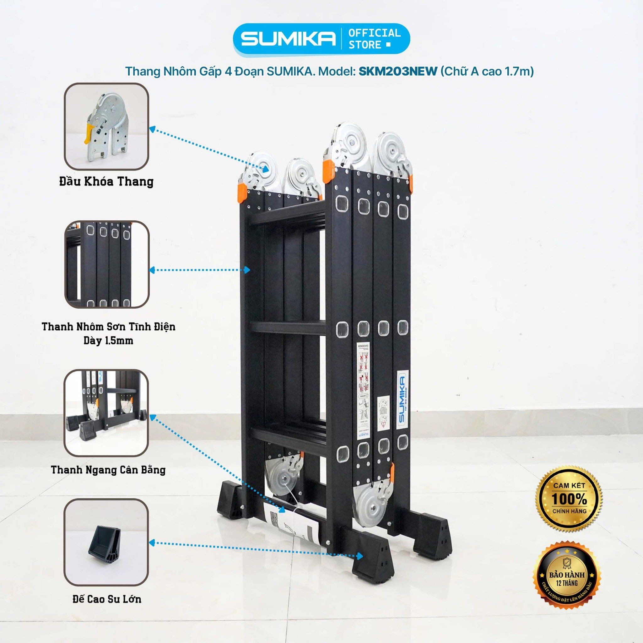 Thang nhôm gấp 4 đoạn Sumika SKM203 NEW, chữ A cao 1.73m, chữ I cao 3.58m