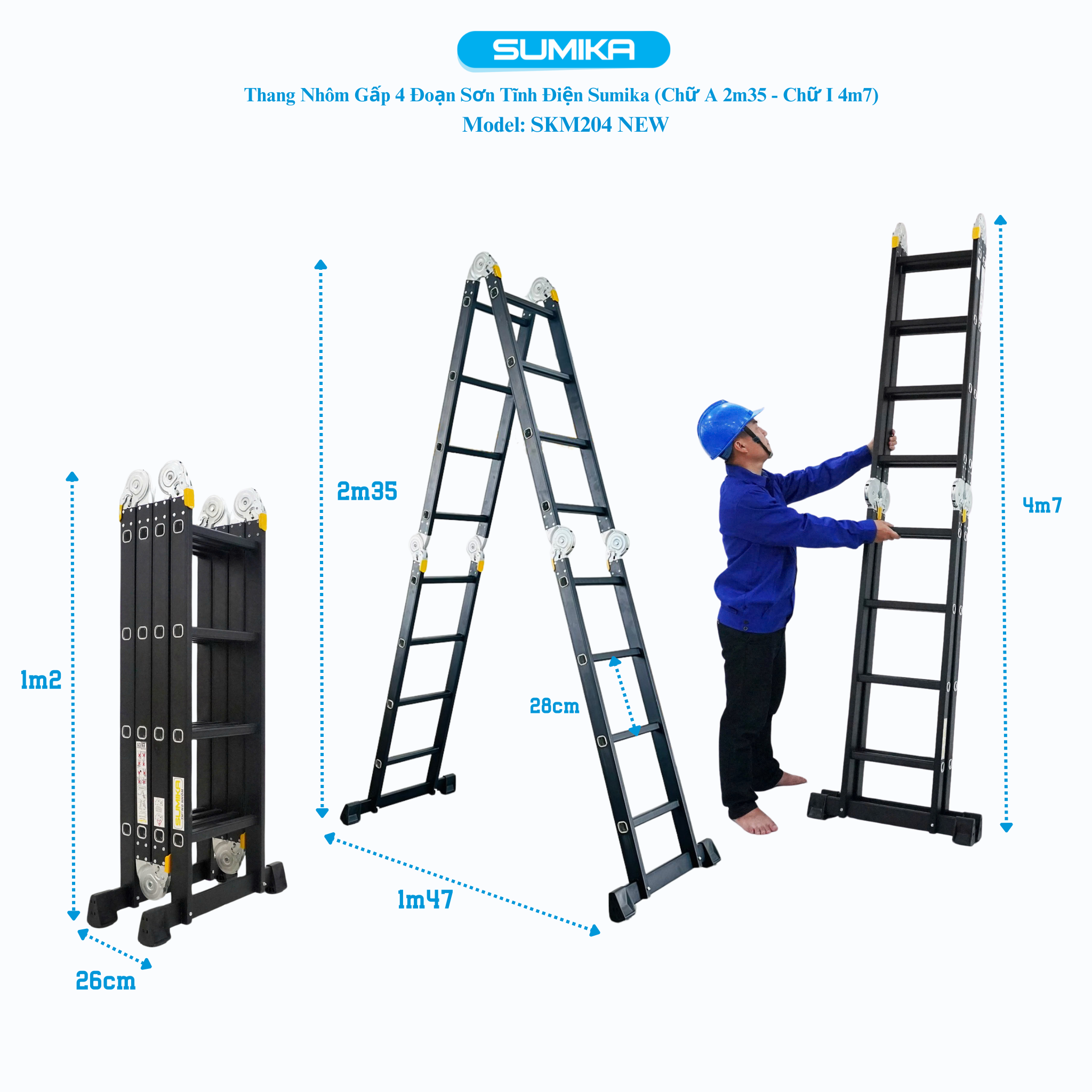 Thang nhôm gấp 4 đoạn Sumika SKM204 NEW, chữ A cao 2.26m, chữ I cao 4.7m