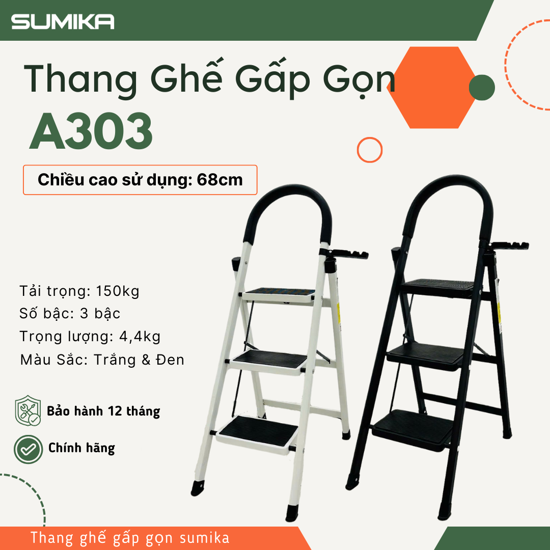 Thang ghế Thép carbon 3 bậc SUMIKA A303, chiều cao 68cm