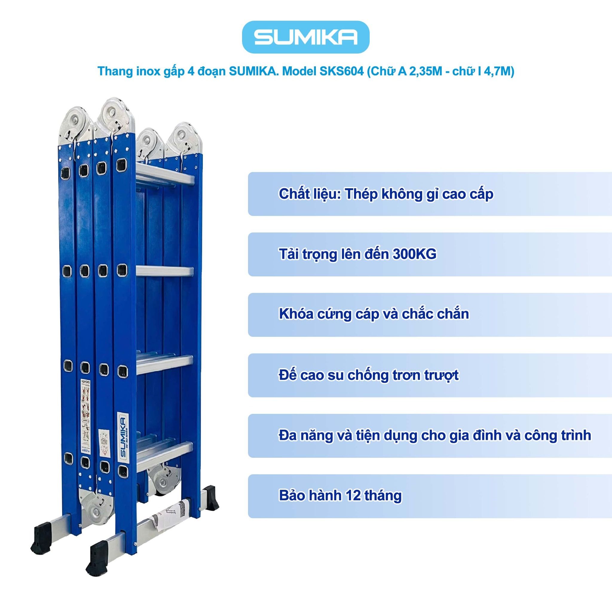 Thang inox gấp 4 đoạn Sumika SKS604, chữ A cao 2.35m