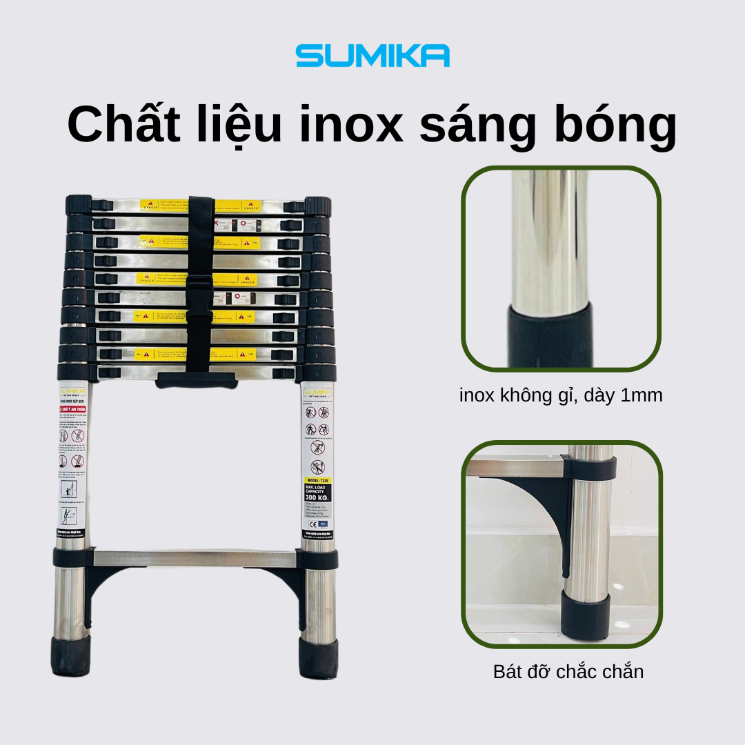 Thang rút inox SUMIKA T320, đai đen, chiều cao 3.2m