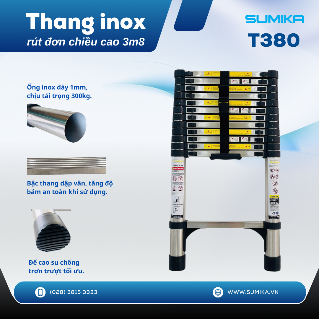 Thang rút inox SUMIKA T380, đai đen, chiều cao 3.8m