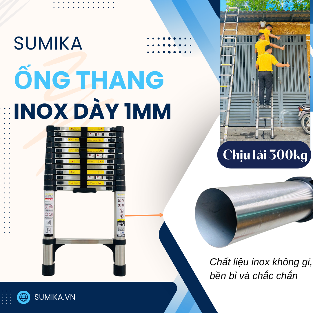 Thang rút inox SUMIKA T380, đai đen, chiều cao 3.8m