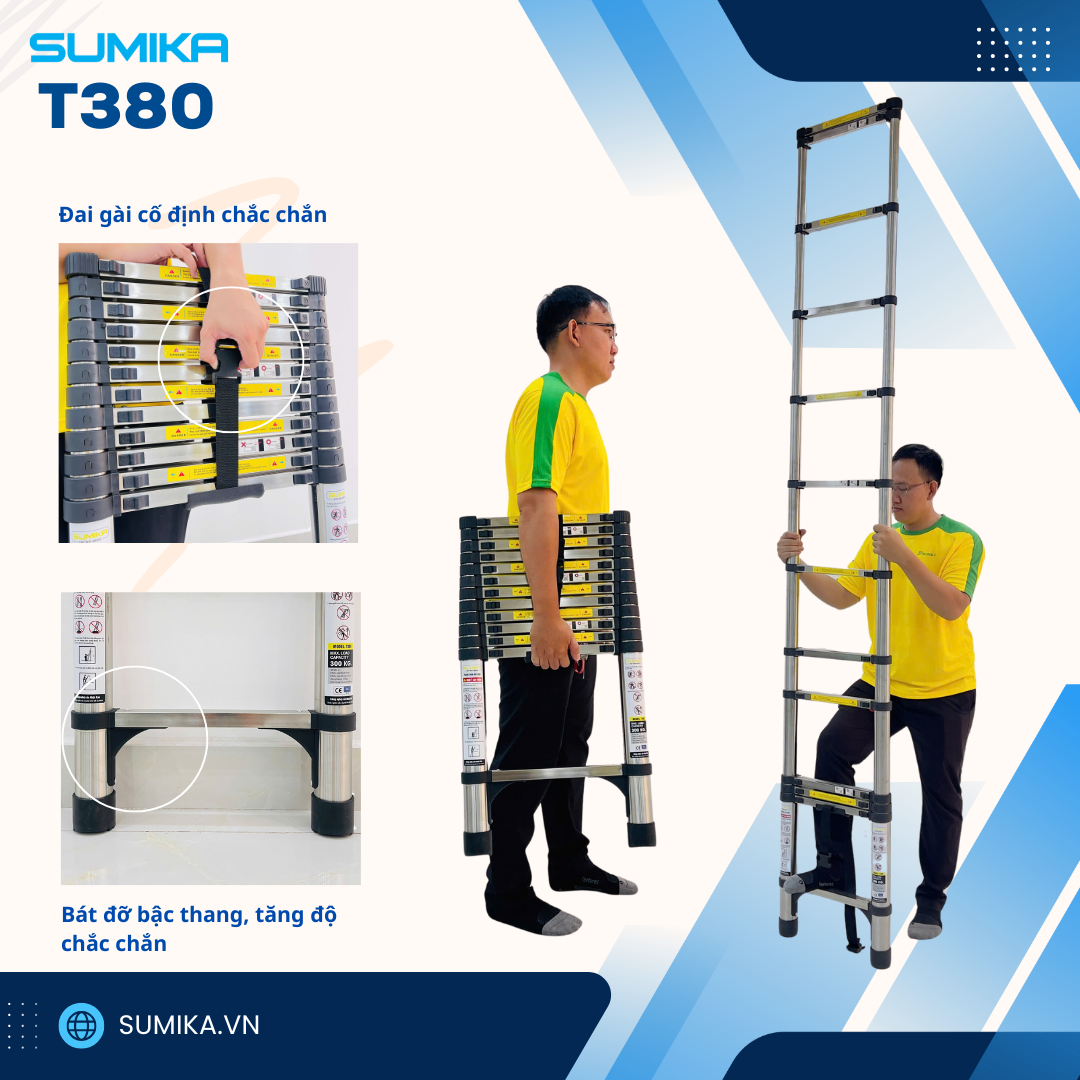 Thang rút inox SUMIKA T380, đai đen, chiều cao 3.8m