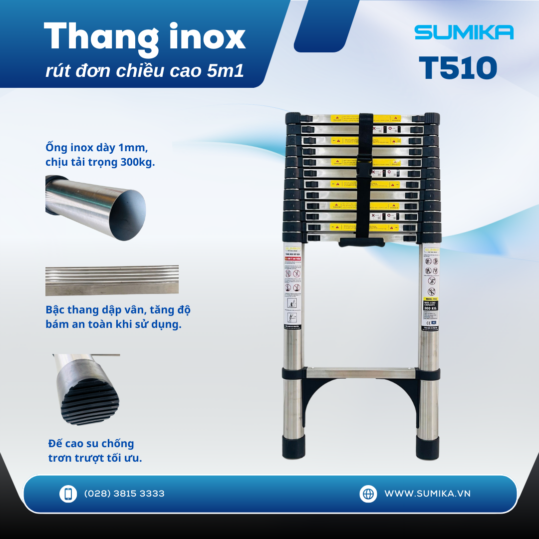 Thang rút inox SUMIKA T510, đai đen, chiều cao 5.1m