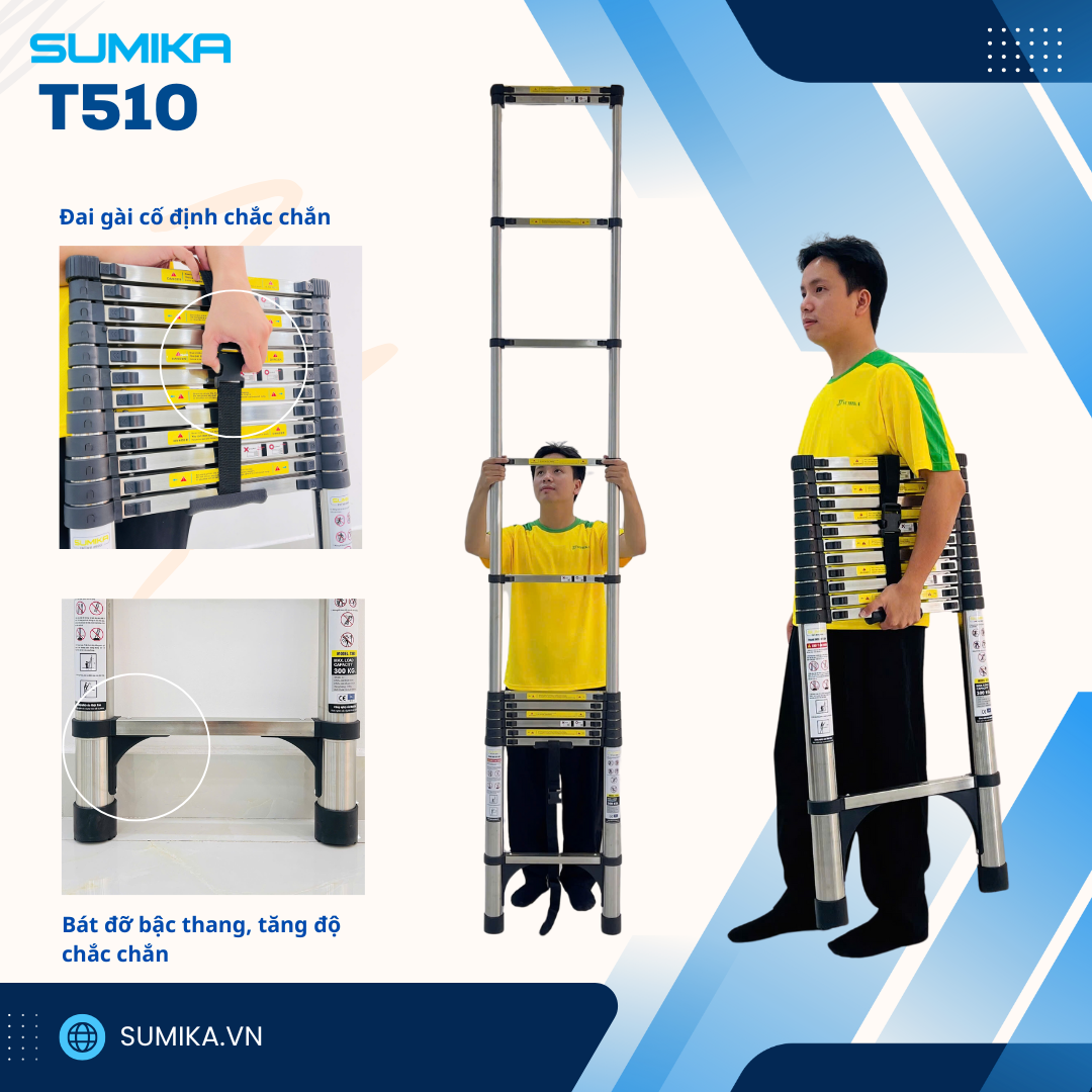 Thang rút inox SUMIKA T510, đai đen, chiều cao 5.1m