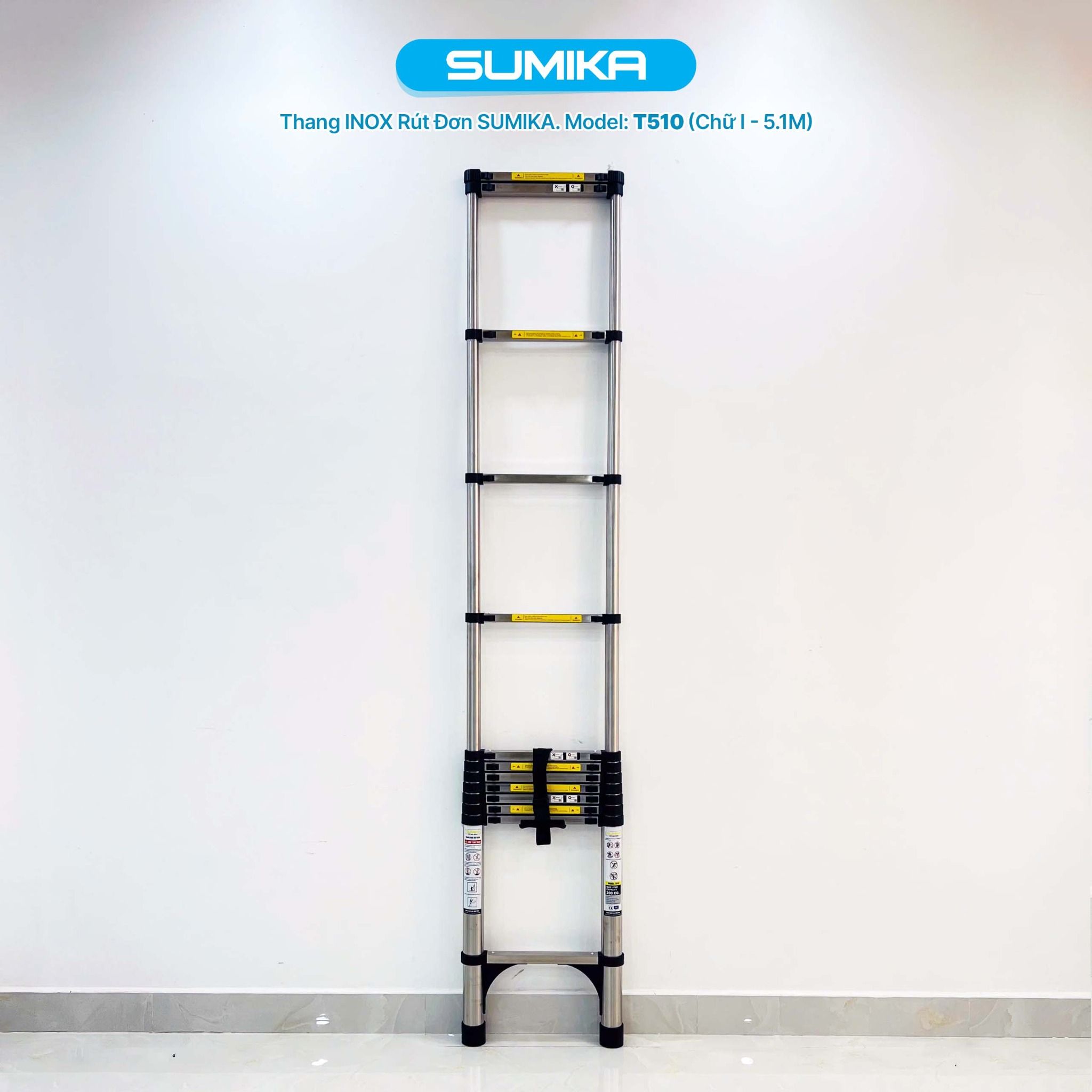 Thang rút inox SUMIKA T510, đai đen, chiều cao 5.1m