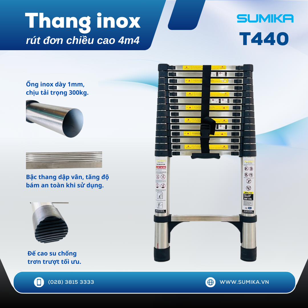 Thang rút inox SUMIKA T440, đai đen, chiều cao 4.4m