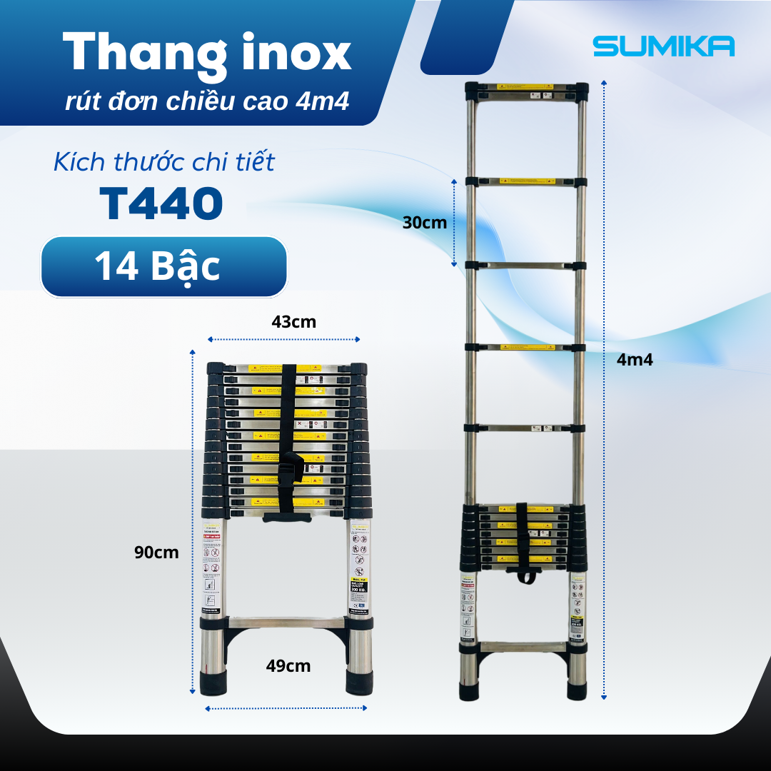 Thang rút inox SUMIKA T440, đai đen, chiều cao 4.4m