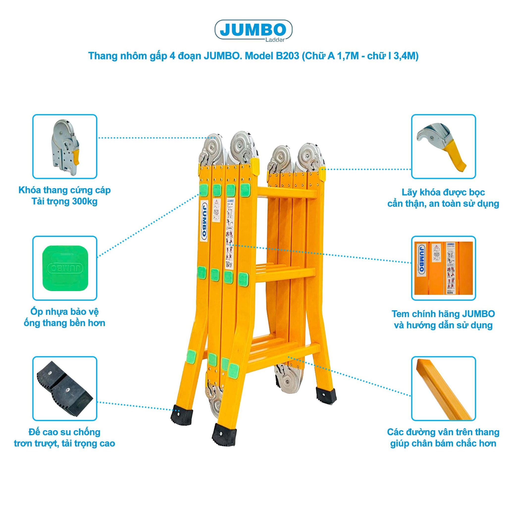Thang nhôm gấp 4 đoạn JUMBO B203, chữ A cao 1.7m
