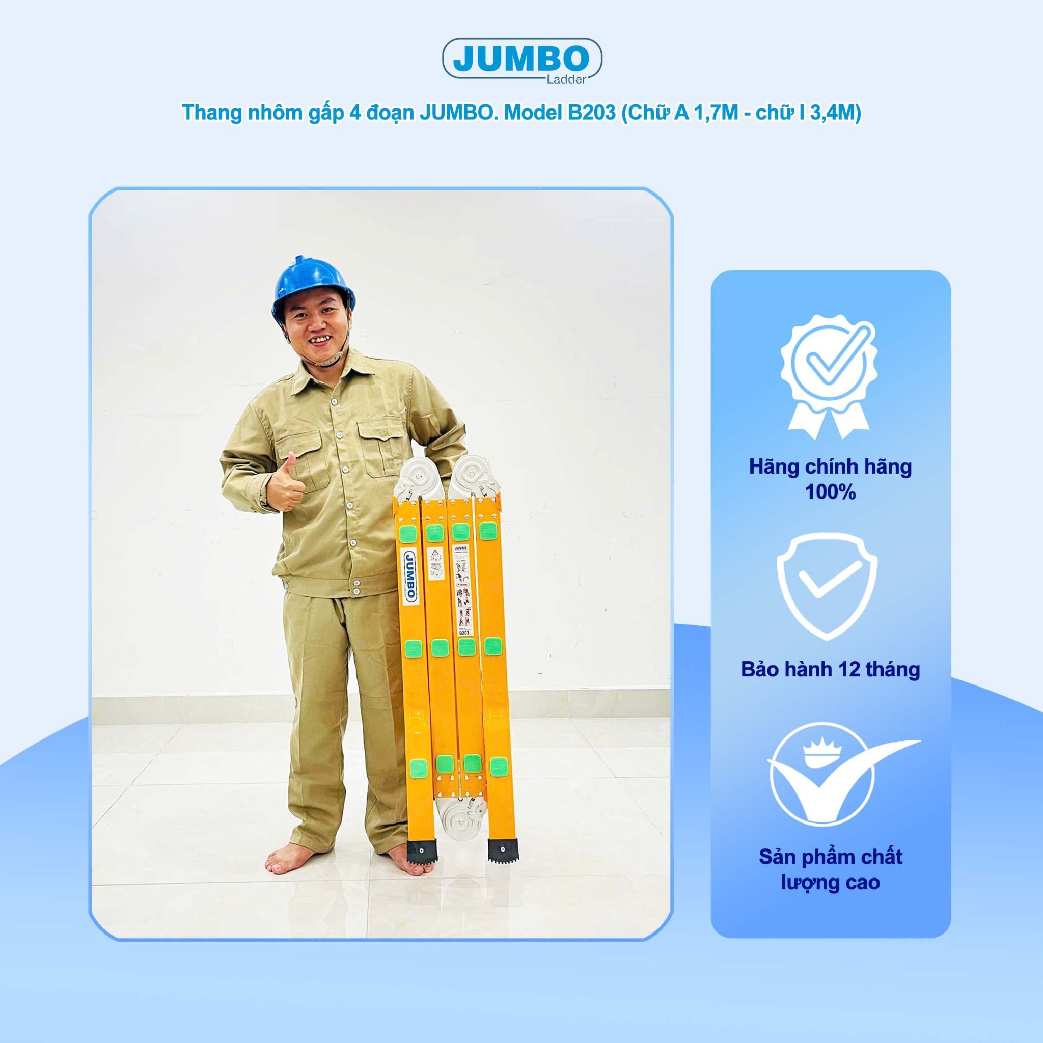 Thang nhôm gấp 4 đoạn JUMBO B203, chữ A cao 1.7m